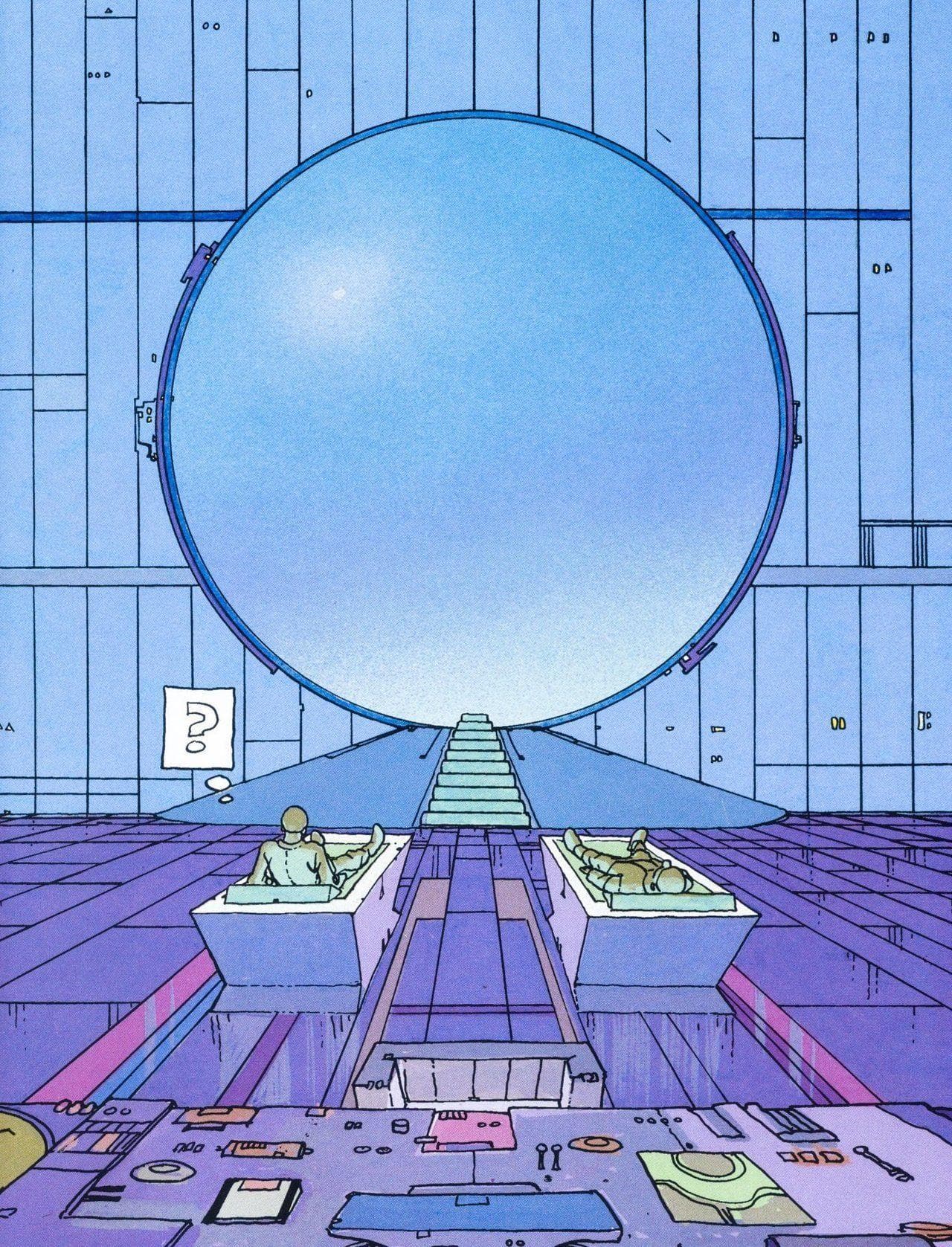Illustration of two people lying in pods before a giant circular portal, with a staircase leading up to it